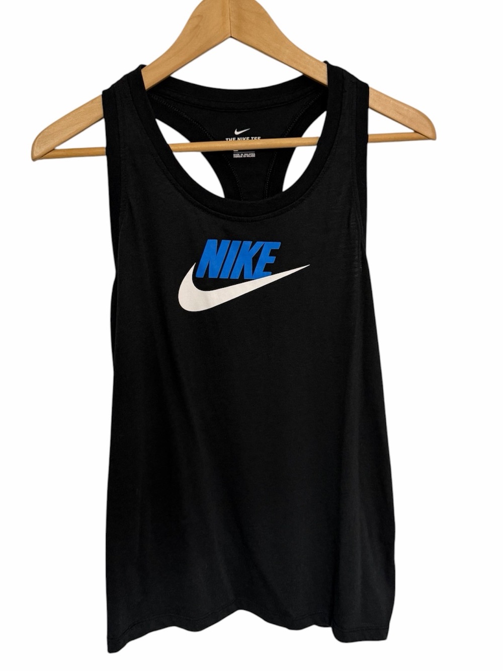 Nike Black Racerback Tank with Blue Logo and White Swoosh Size Medium